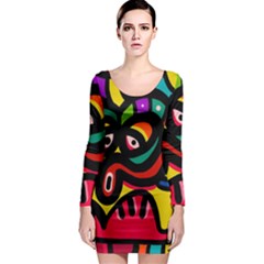 A Seamless Crazy Face Doodle Pattern Long Sleeve Bodycon Dress by Amaryn4rt