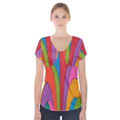 Modern Abstract Colorful Stripes Wallpaper Background Short Sleeve Front Detail Top by Amaryn4rt