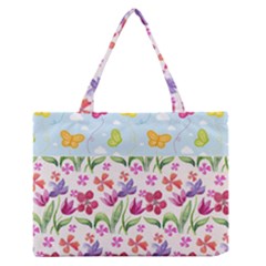 Watercolor Flowers And Butterflies Pattern Medium Zipper Tote Bag by TastefulDesigns