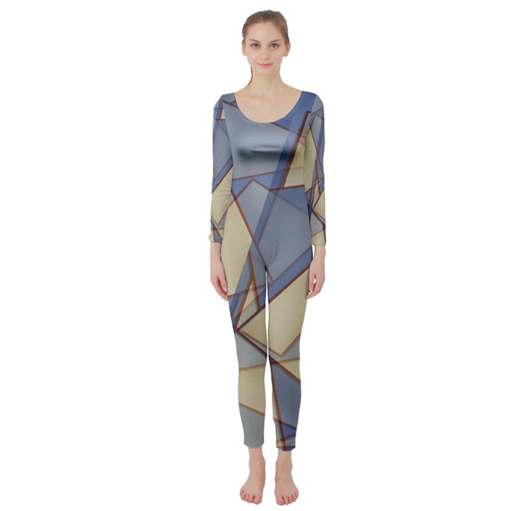 Blue And Tan Triangles Intertwine Together To Create An Abstract Background Long Sleeve Catsuit