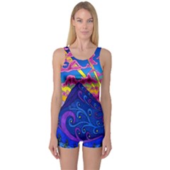 Psychedelic Colorful Lines Nature Mountain Trees Snowy Peak Moon Sun Rays Hill Road Artwork Stars One Piece Boyleg Swimsuit by Simbadda