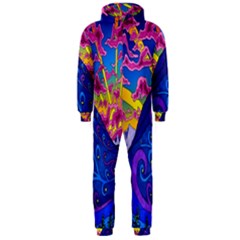 Psychedelic Colorful Lines Nature Mountain Trees Snowy Peak Moon Sun Rays Hill Road Artwork Stars Hooded Jumpsuit (men)  by Simbadda