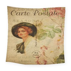 Lady On Vintage Postcard Vintage Floral French Postcard With Face Of Glamorous Woman Illustration Square Tapestry (large) by Simbadda