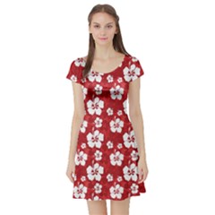 Red Pattern With Hibiscus Flowers On Red  Short Sleeve Skater Dress