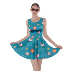 Blue Space With Cute Rocket Skater Dress
