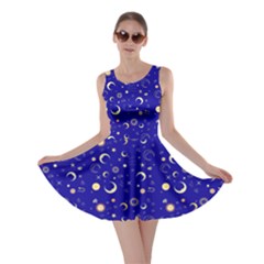 Royal Blue Fun Night Sky The Moon And Stars Skater Dress by CoolDesigns