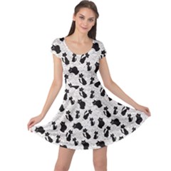 Gray Cartoon Cats Black Silhouettes With White Cap Sleeve Dress