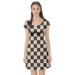 Black Chessboard Made Black And White Cats Short Sleeve Skater Dress by CoolDesigns