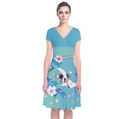 Crane Blue Japanese Style Cherry Blossom Short Sleeve Front Wrap Dress by CoolDesigns
