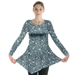 Blue Water With Pattern Tree Japanese Cherry Blossom Long Sleeve Tunic Top by CoolDesigns