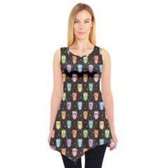Black Pattern With Colorful Owls On Dark Sleeveless Tunic Top by CoolDesigns