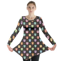 Black Pattern With Colorful Owls On Dark Long Sleeve Tunic Top by CoolDesigns