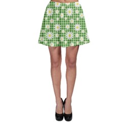 Green Chamomiles On Green Checkered Pattern Skater Skirt