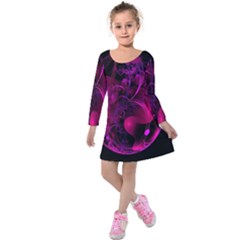 Fractal Using A Script And Coloured In Pink And A Touch Of Blue Kids  Long Sleeve Velvet Dress by Simbadda