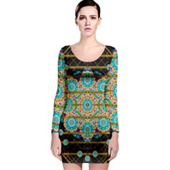 Gold Silver And Bloom Mandala Long Sleeve Bodycon Dress by pepitasart