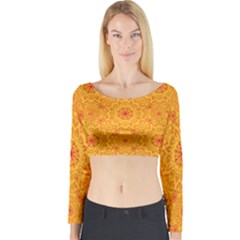 Solar Mandala  Orange Rangoli  Long Sleeve Crop Top (tight Fit) by bunart