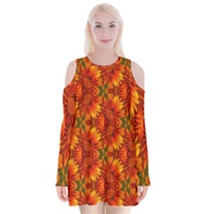 Background Flower Fractal Velvet Long Sleeve Shoulder Cutout Dress by Simbadda