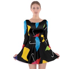 Rain Shoe Boots Blue Yellow Pink Orange Black Umbrella Long Sleeve Skater Dress by Mariart