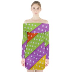 Colorful Easter Ribbon Background Long Sleeve Off Shoulder Dress by Simbadda