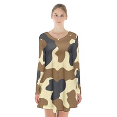 Initial Camouflage Camo Netting Brown Black Long Sleeve Velvet V-neck Dress by Mariart