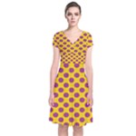 Polka Dot Purple Yellow Short Sleeve Front Wrap Dress