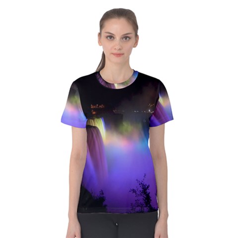 Niagara Falls Dancing Lights Colorful Lights Brighten Up The Night At Niagara Falls Women s Cotton Tee by Simbadda