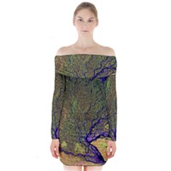 Lena River Delta A Photo Of A Colorful River Delta Taken From A Satellite Long Sleeve Off Shoulder Dress by Simbadda