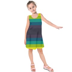 Neon Stripes Line Horizon Color Rainbow Yellow Blue Purple Black Kids  Sleeveless Dress by Mariart