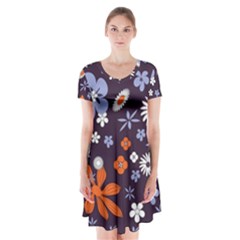 Bright Colorful Busy Large Retro Floral Flowers Pattern Wallpaper Background Short Sleeve V-neck Flare Dress by Nexatart