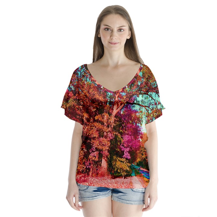 Abstract Fall Trees Saturated With Orange Pink And Turquoise Flutter Sleeve Top