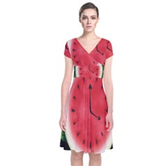 Watermelon Slice Red Orange Green Black Fruite Time Short Sleeve Front Wrap Dress by Mariart
