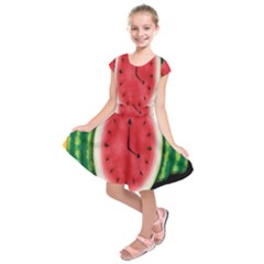 Watermelon Slice Red Orange Green Black Fruite Time Kids  Short Sleeve Dress by Mariart
