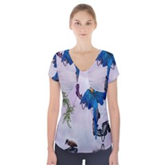 Wonderful Blue Parrot In A Fantasy World Short Sleeve Front Detail Top by FantasyWorld7