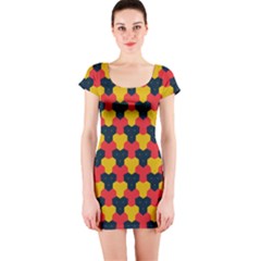 Red Blue Yellow Shapes Pattern        Short Sleeve Bodycon Dress by LalyLauraFLM