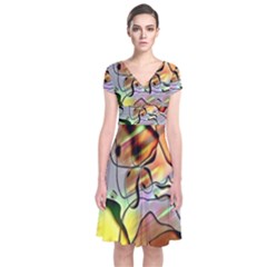 Abstract Pattern Texture Short Sleeve Front Wrap Dress