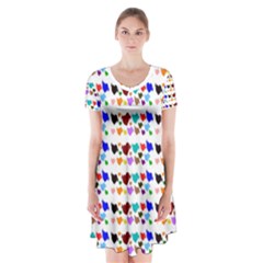 A Creative Colorful Background With Hearts Short Sleeve V-neck Flare Dress