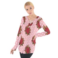 Pink Polka Dot Background With Red Roses Women s Tie Up Tee by Nexatart