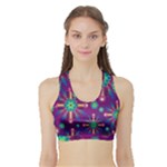 Purple and Green Floral Geometric Pattern Sports Bra with Border