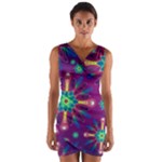 Purple and Green Floral Geometric Pattern Wrap Front Bodycon Dress