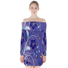 Flowers Butterflies Patterns Lines Purple Long Sleeve Off Shoulder Dress by Mariart