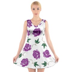 Purple Roses Pattern Wallpaper Background Seamless Design Illustration V-neck Sleeveless Skater Dress