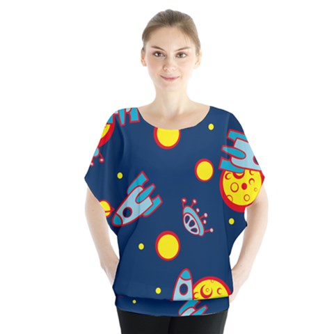 Rocket Ufo Moon Star Space Planet Blue Circle Blouse by Mariart