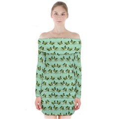 Green Butterflies Long Sleeve Off Shoulder Dress by linceazul