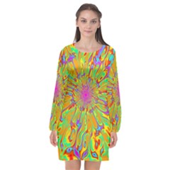 Magic Ripples Flower Power Mandala Neon Colored Long Sleeve Chiffon Shift Dress  by EDDArt