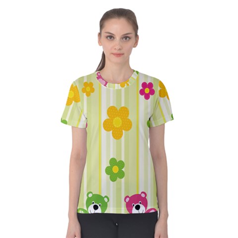 Animals Bear Flower Floral Line Red Green Pink Yellow Sunflower Star Women s Cotton Tee by Mariart