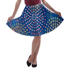 Fireworks Party Blue Fire Happy A-line Skater Skirt by Mariart