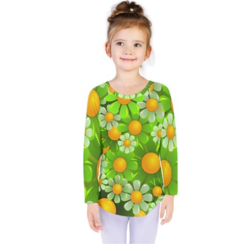 Sunflower Flower Floral Green Yellow Kids  Long Sleeve Tee by Mariart