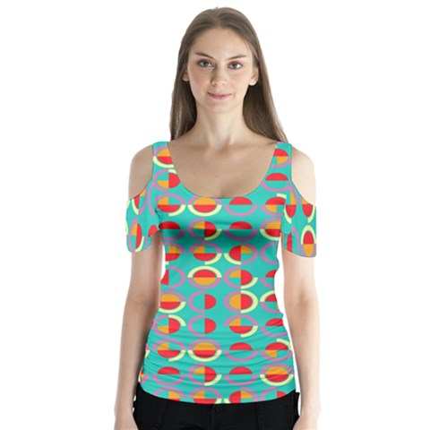Semicircles And Arcs Pattern Butterfly Sleeve Cutout Tee  by linceazul