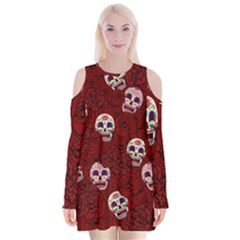 Funny Skull Rosebed Velvet Long Sleeve Shoulder Cutout Dress by designworld65