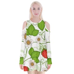 Strawberry Fruit Leaf Flower Floral Star Green Red White Velvet Long Sleeve Shoulder Cutout Dress by Mariart